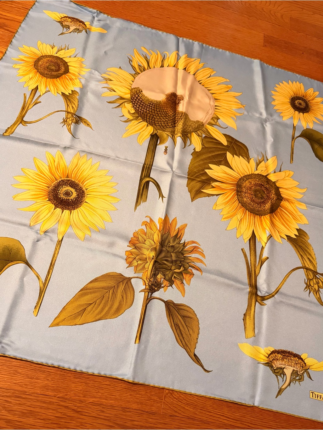 Authentic Tiffany  Co Sunflower Print 100 Silk Scarf In Pastel Blue And Yellow
